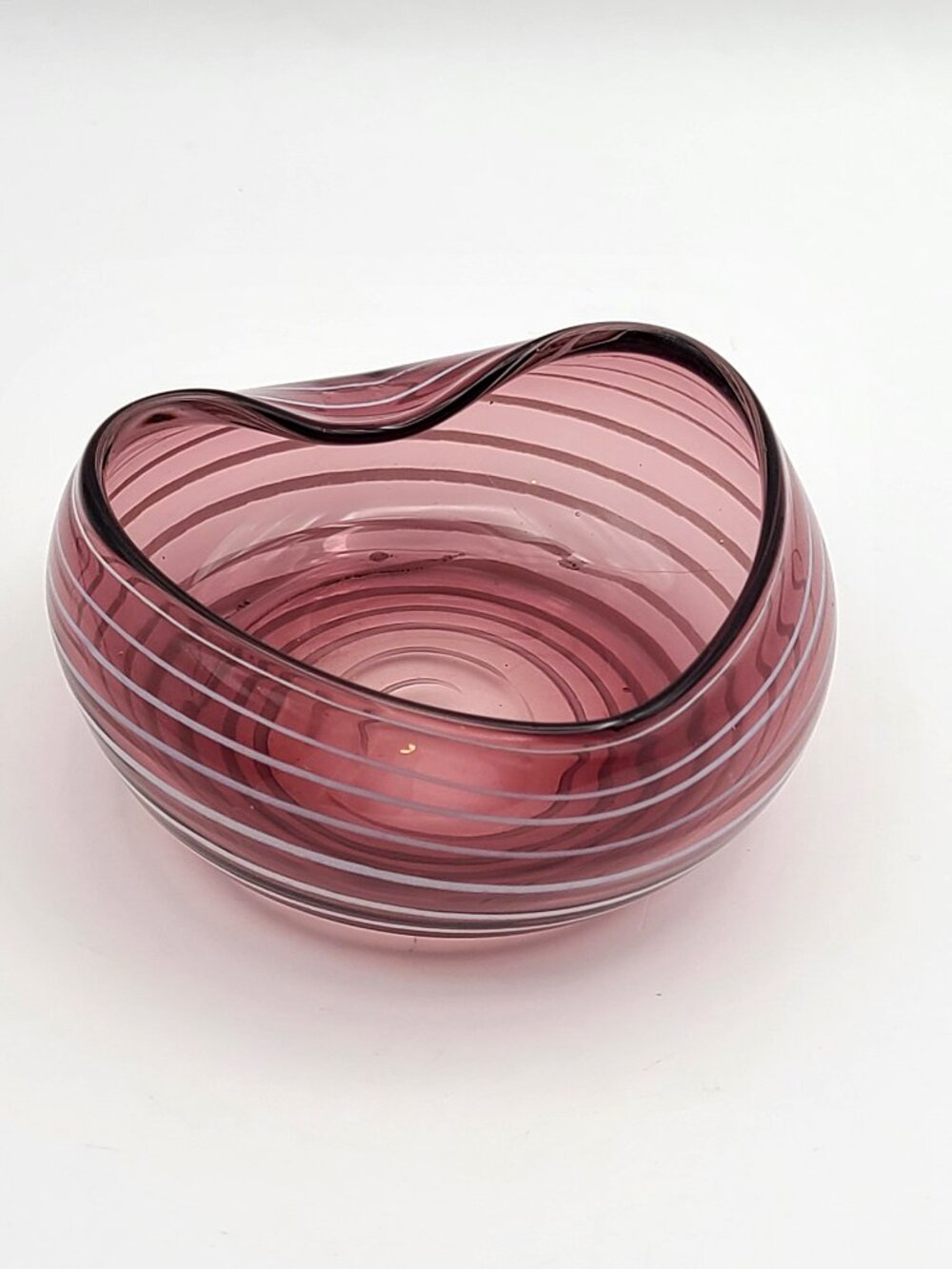 Purple White Swirl Blown Glass Pinched Heart Trinket Bowl 4" Wide